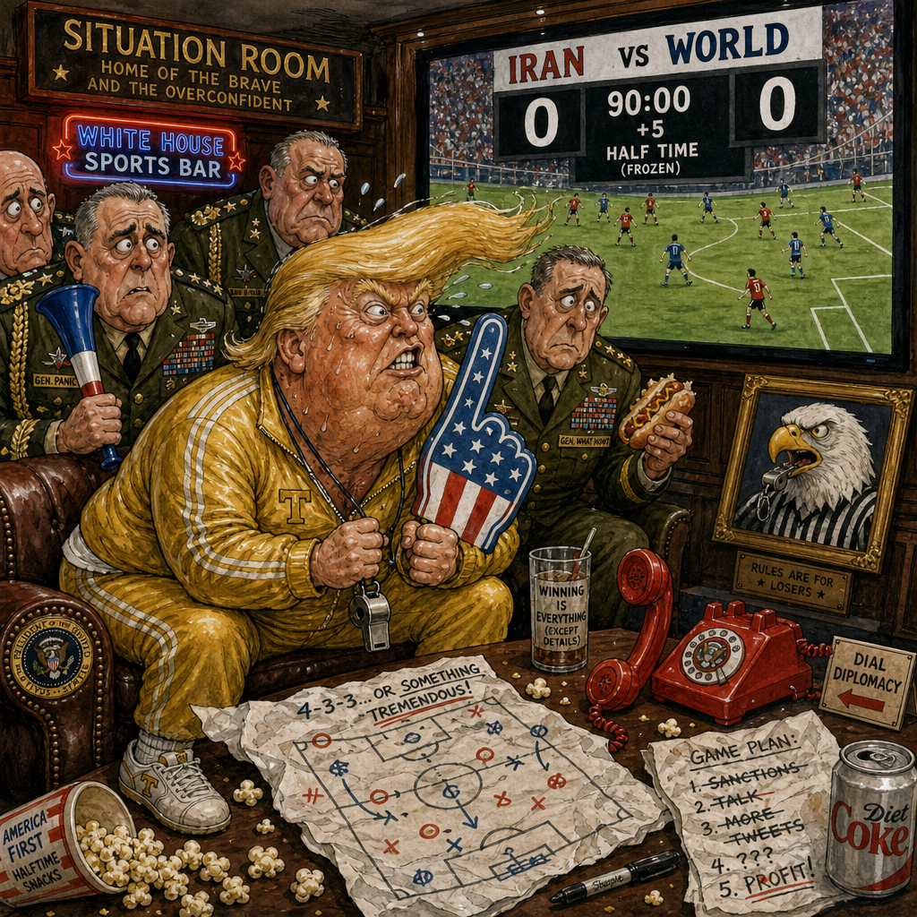 Political cartoon: Extra time, and the manager still hasn't decided whether he's playing or refereeing.