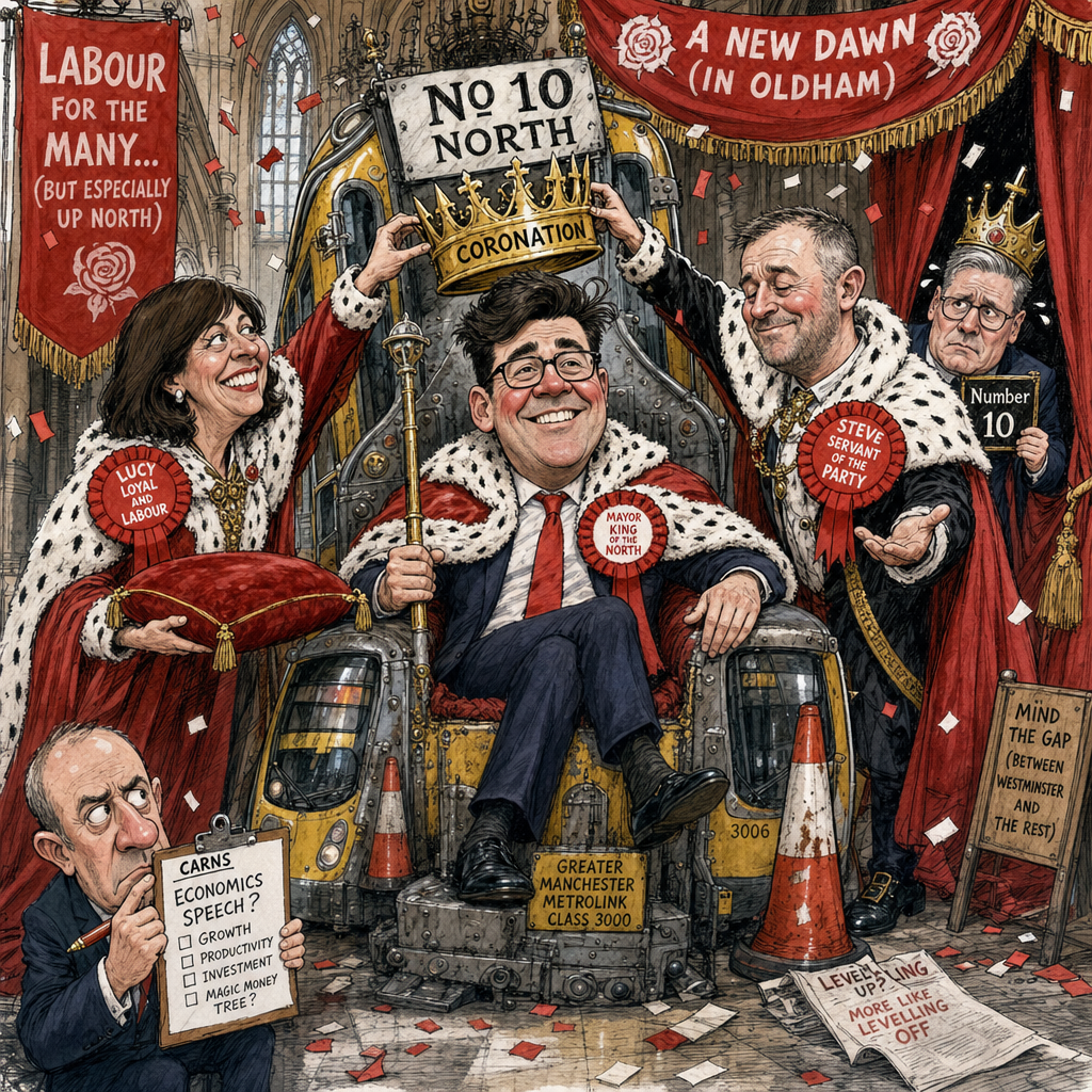 Political cartoon: A coronation, not a contest — though someone forgot to tell the current occupant.