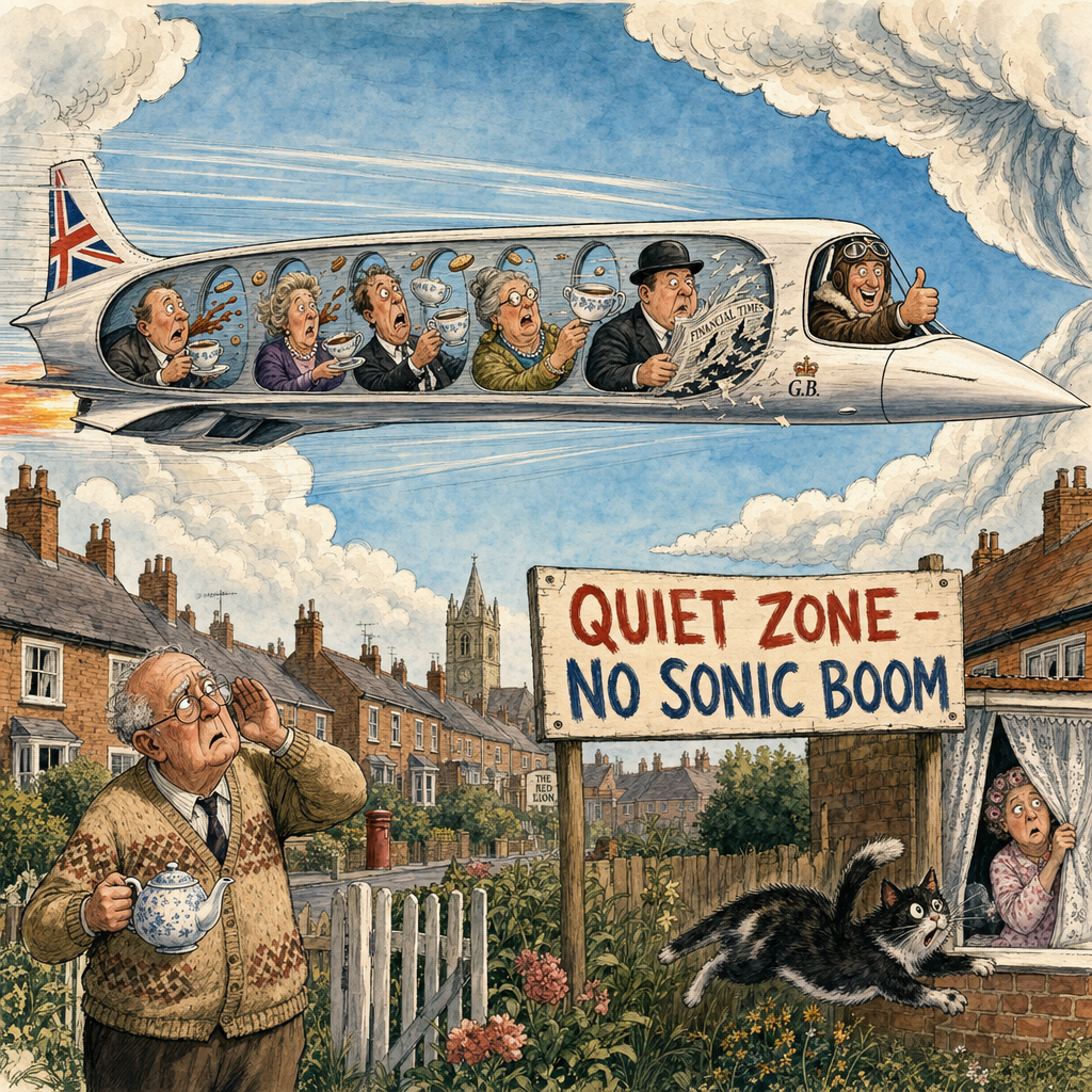 Political cartoon: They've removed the boom entirely — now the only thing shattering is your connecting flight schedule.