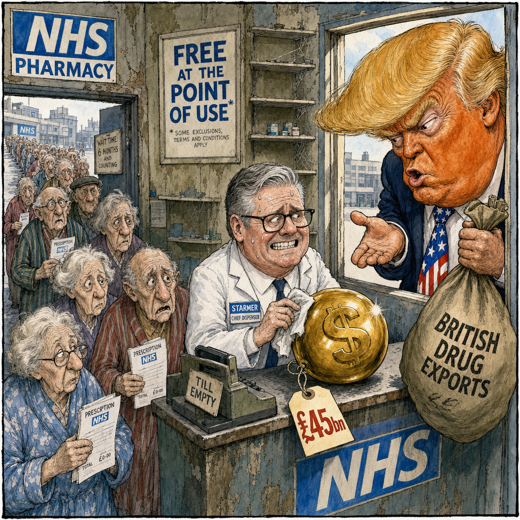 Political cartoon: "Take two of these and don't call anyone in the morning — the phone lines have been diverted to Washington."