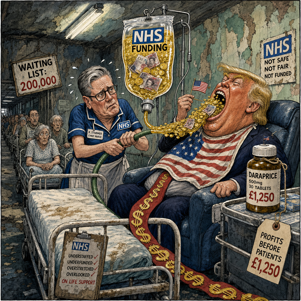 Political cartoon: The good news is the pills are American now. The bad news is you can't afford them.
