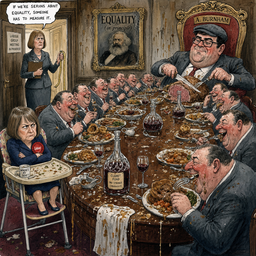 Political cartoon: "Don't worry, dear — there's a lovely spot for you right by the draught."