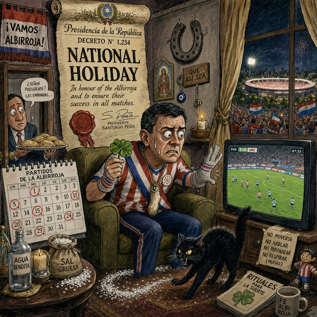 Political cartoon: He'd govern the whole country from that chair if he thought getting up would concede a goal.