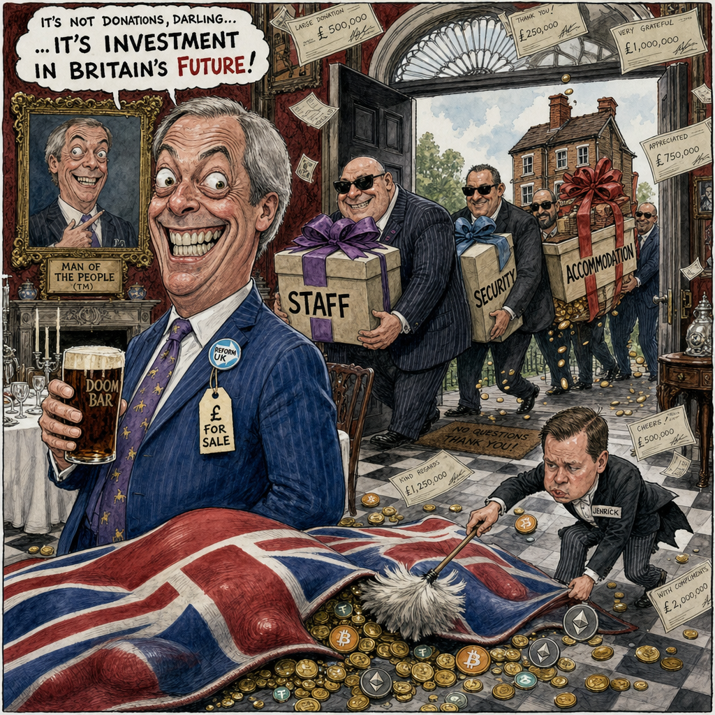 Political cartoon: "Personal gifts, entirely undeclared — because a man of the people mustn't burden the taxman with paperwork."