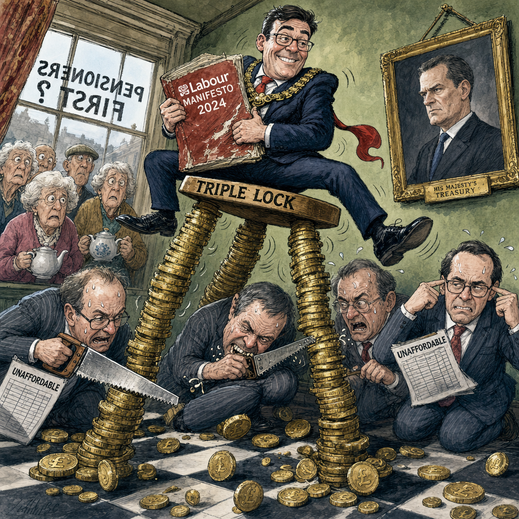 Political cartoon: "I'm listening to my advisers — I just can't hear them over the sound of my own manifesto."