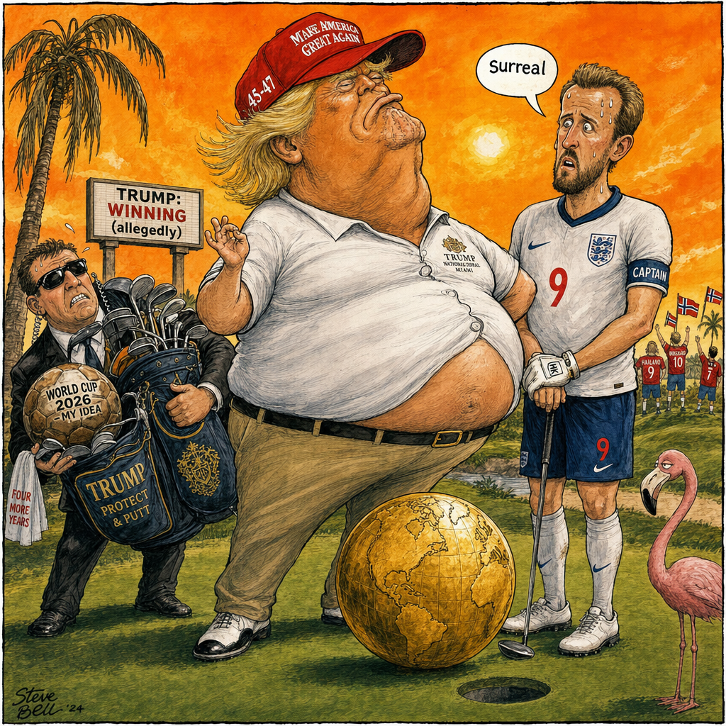 Political cartoon: "He says he's never lost a game — and I'm too polite to check his scorecard."