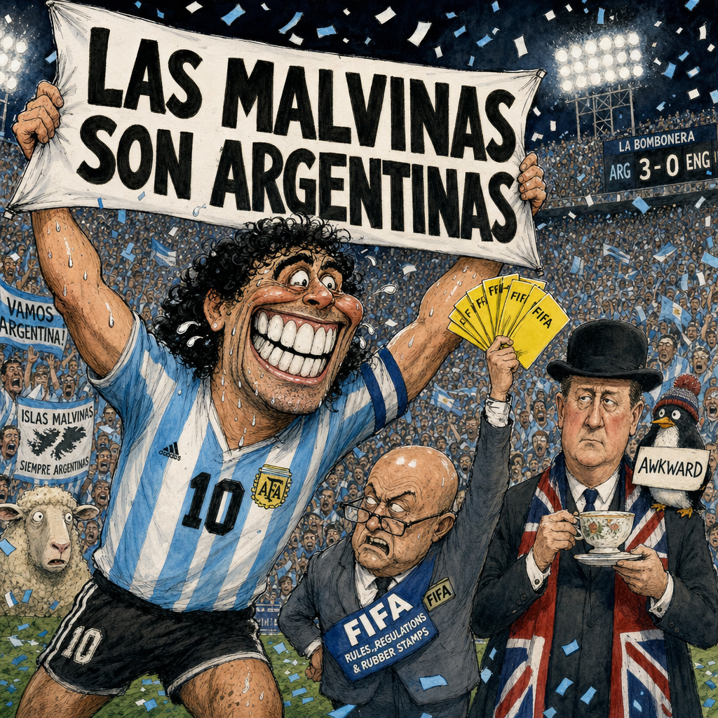 Political cartoon: Nothing unites two footballing nations quite like arguing over some sheep and a penguin.