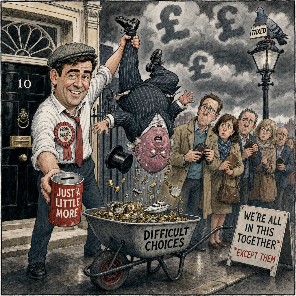 Political cartoon: "Don't worry — it's only a little more. Now hold still while I check your other pockets."