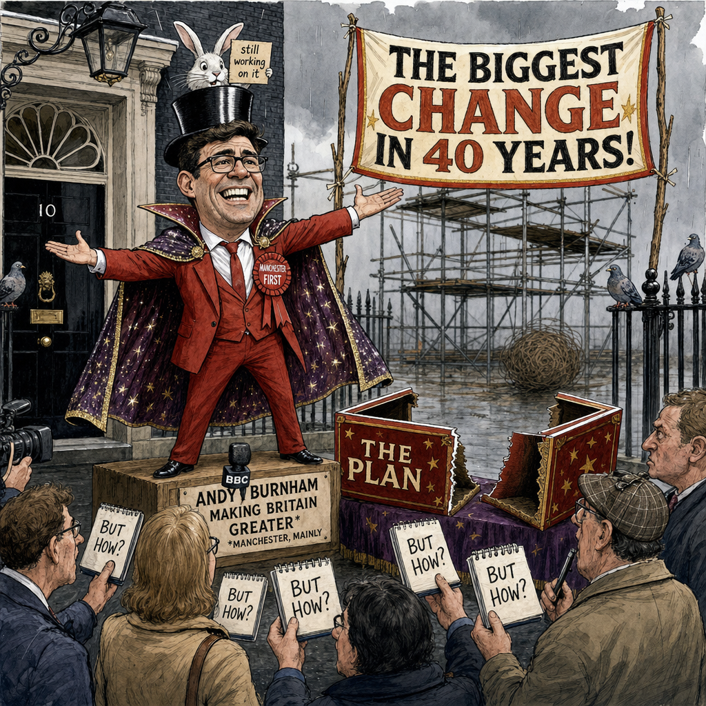 Political cartoon: And now, for my next trick, I shall produce an actual policy.