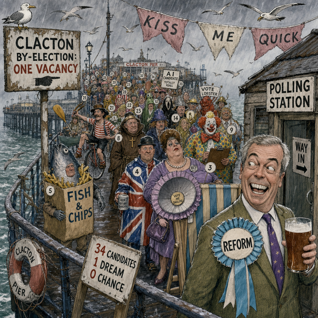 Political cartoon: Democracy in action: thirty-four hopefuls, one seat, and not a single serious face among them — allegedly.