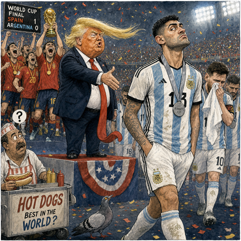 Political cartoon: "He shakes hands like he negotiates peace — nobody's biting."