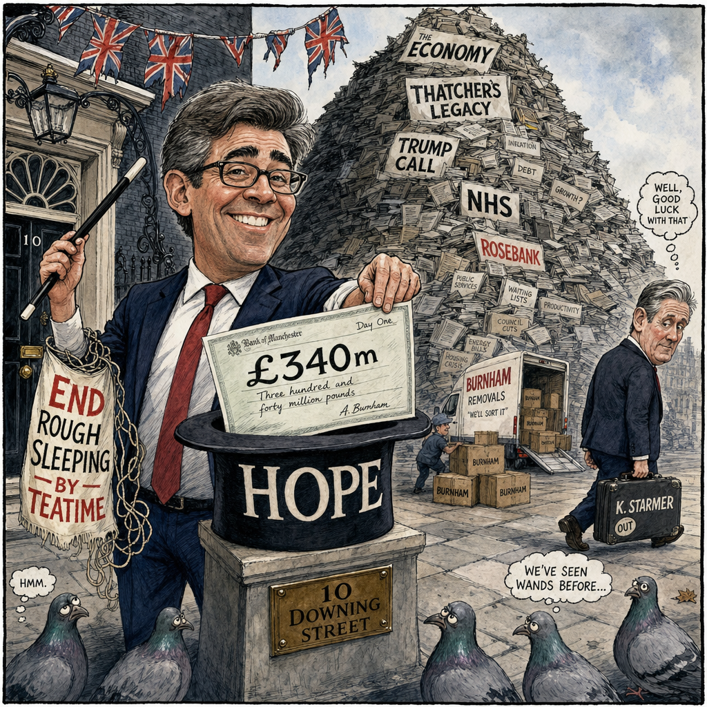 Political cartoon: "Right then — homelessness sorted. Anyone got a bigger hat for the other seventeen things?"