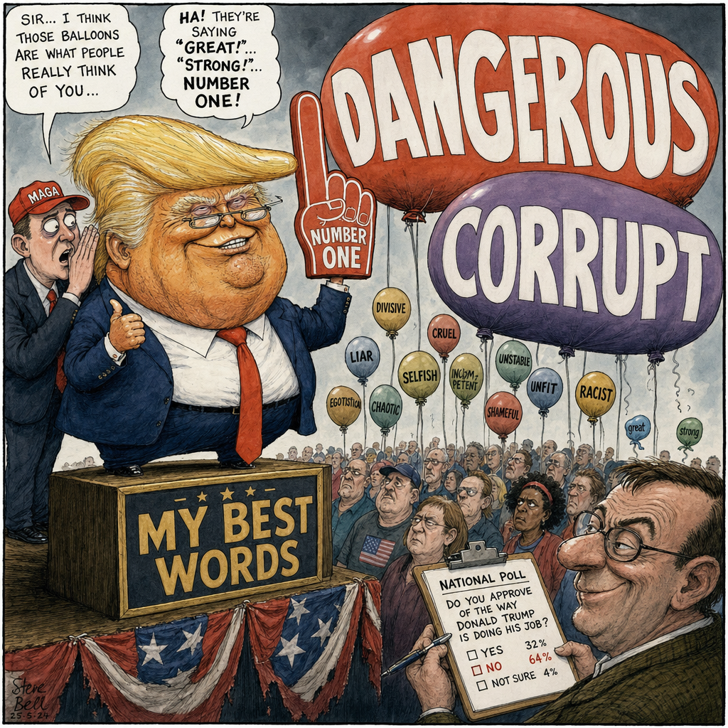 Political cartoon: "They're calling me tremendous — I've always said the polls love me."