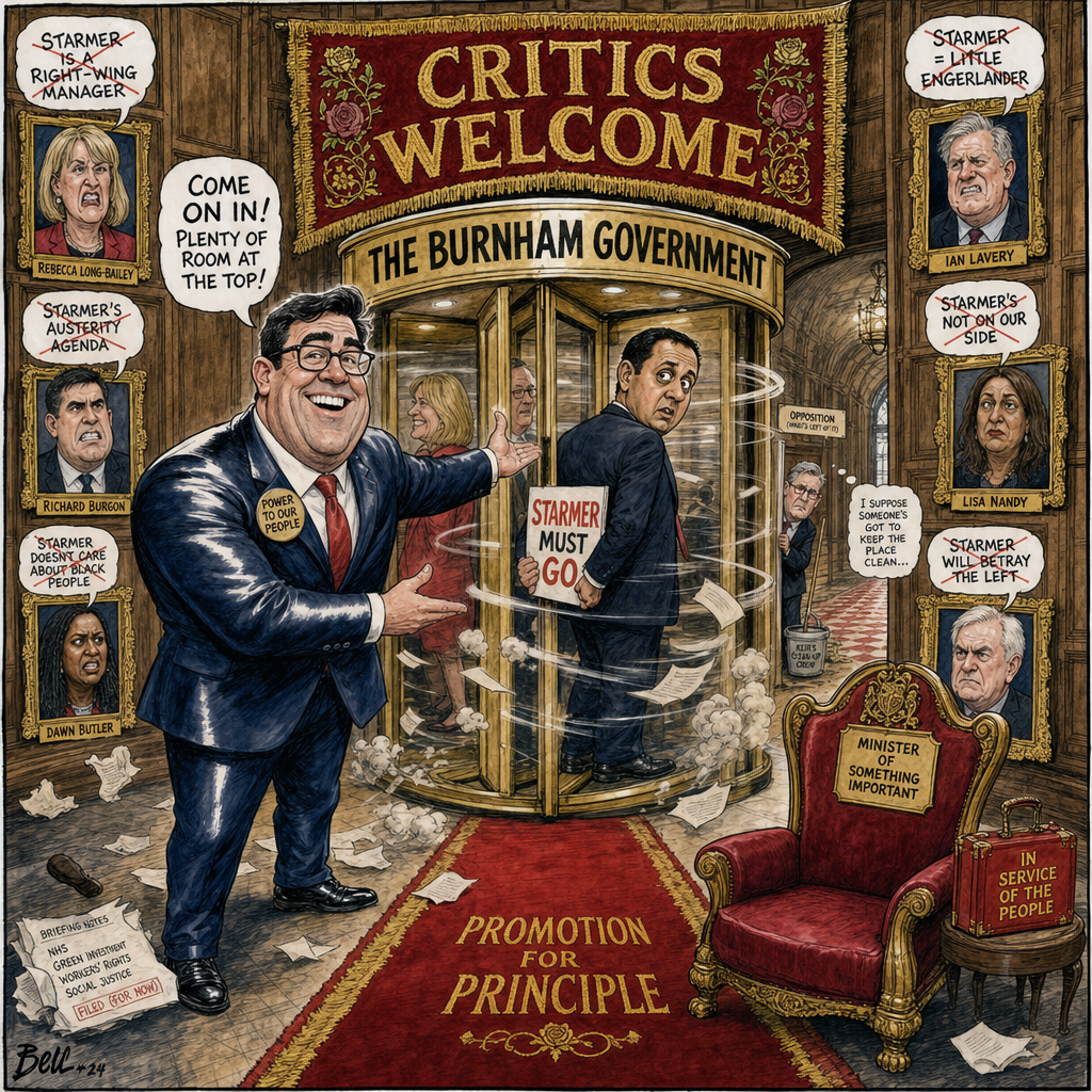 Political cartoon: In this administration, calling for the leader's resignation is now considered relevant ministerial experience.