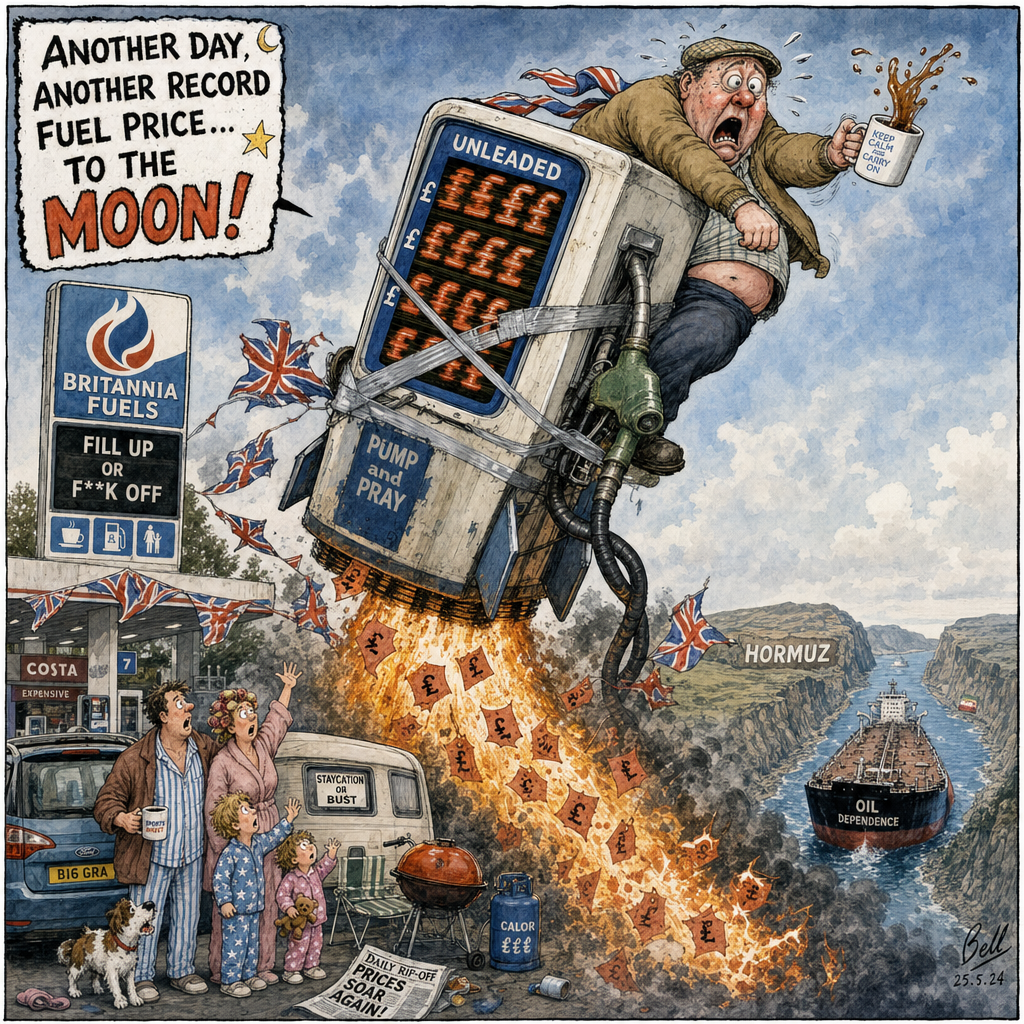 Political cartoon: One small step for the Chancellor, one giant leap for the weekly shop.