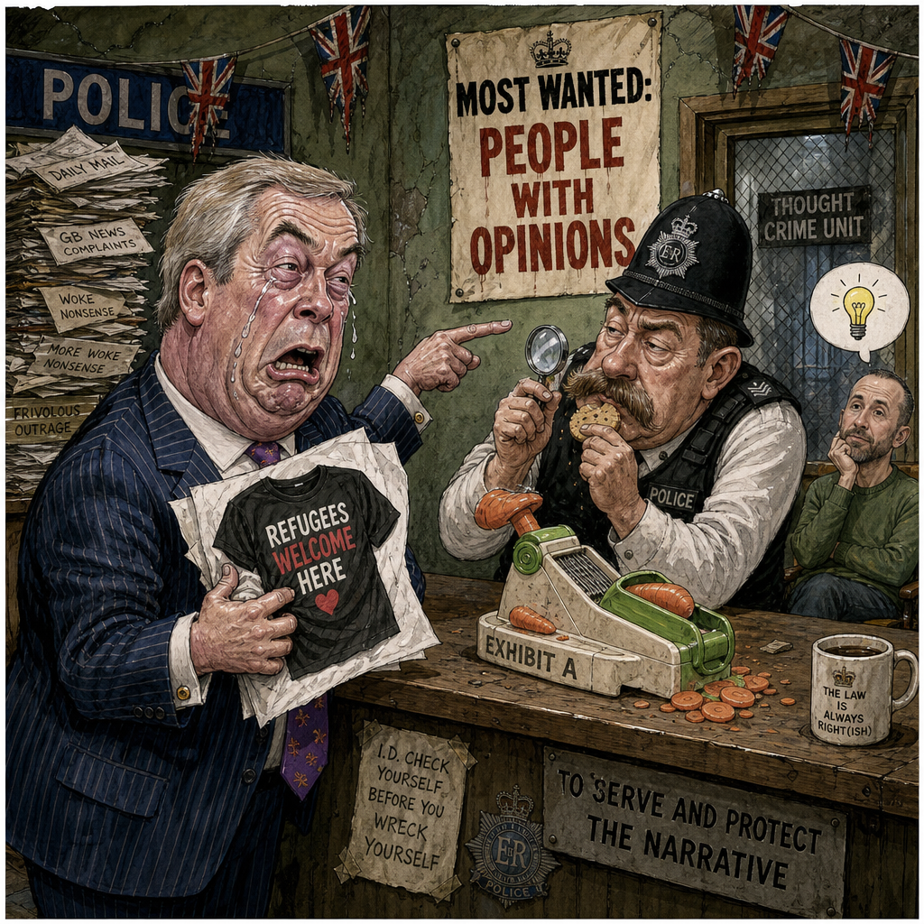 Political cartoon: "I'm afraid, sir, being cross about a T-shirt isn't yet a criminal offence — though we're consulting Reform on that."