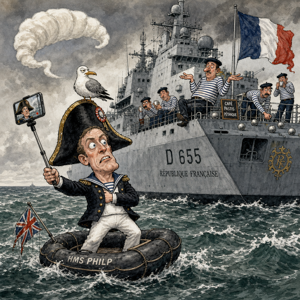 Political cartoon: "Sacré bleu — I think the little Englishman believes we noticed him."