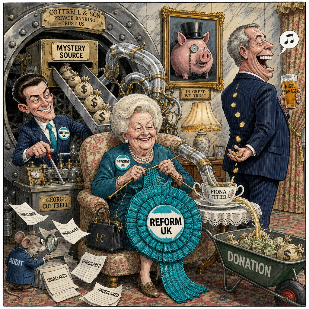 Political cartoon: "Lovely of you to spare your old mum some pocket money, dear — I'll just pop it straight in the rosette fund."