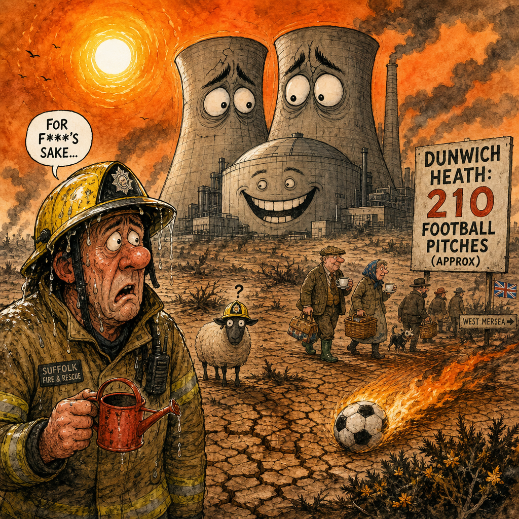 Political cartoon: Don't worry, the nuclear plant's perfectly safe — it's the tea getting cold that's the real emergency.