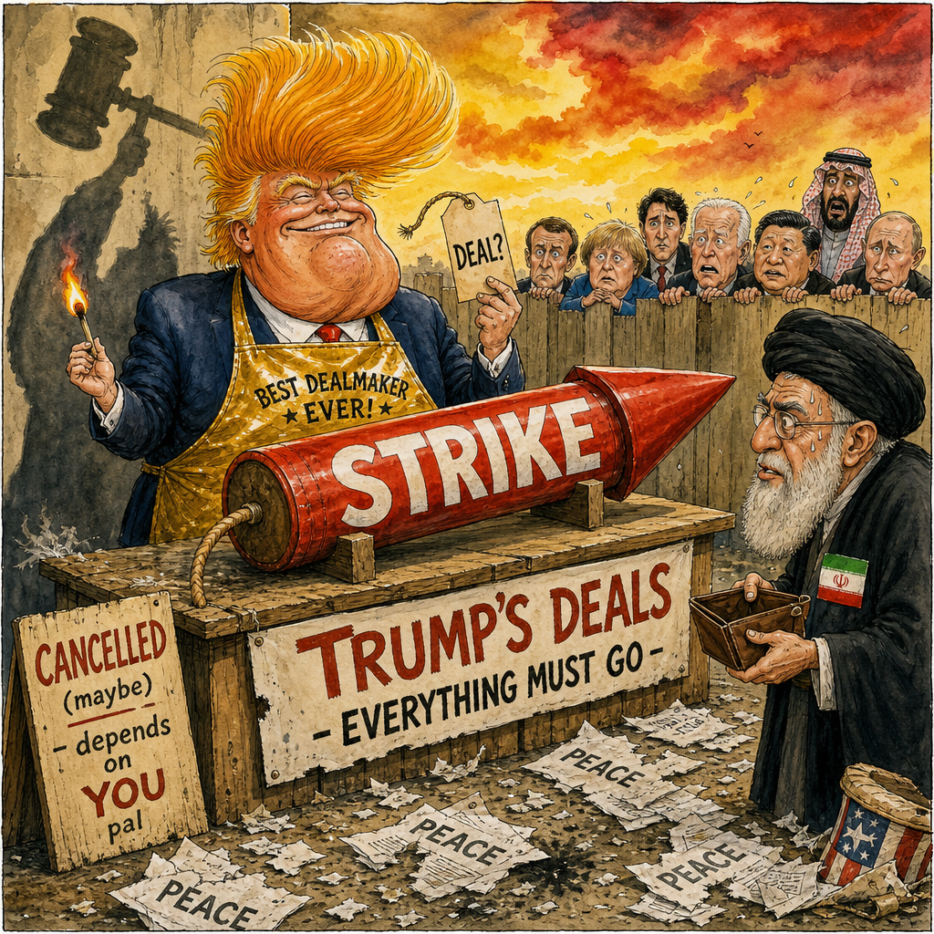 Political cartoon: Buy now while stocks last — offer may explode at any moment.