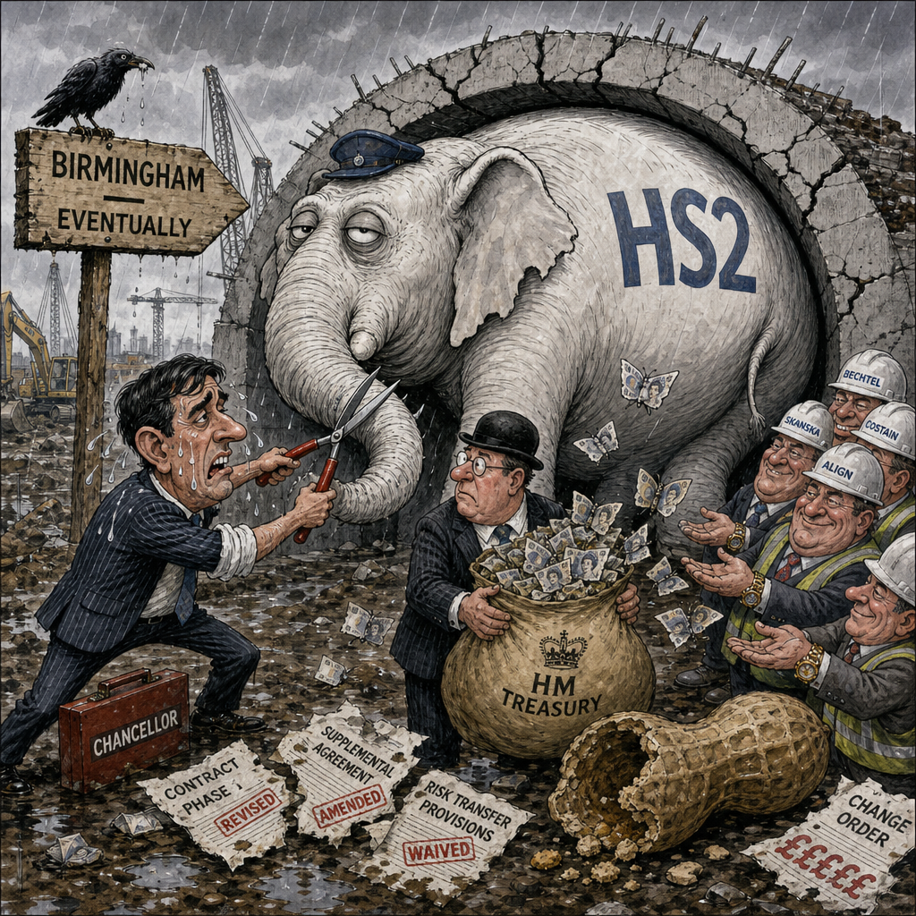 Political cartoon: Don't worry, we've renegotiated — it's now a slightly cheaper white elephant.