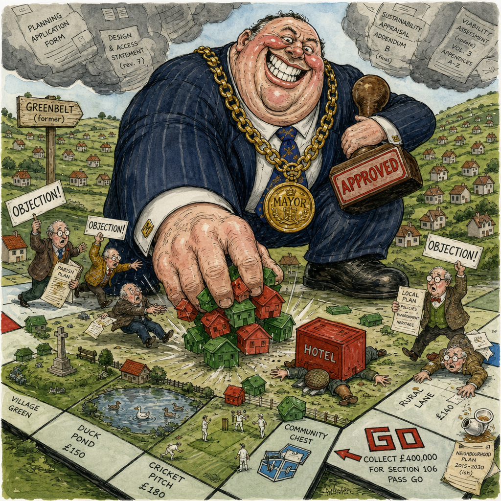 Political cartoon: "Do not pass the local council. Do not collect democratic consultation."