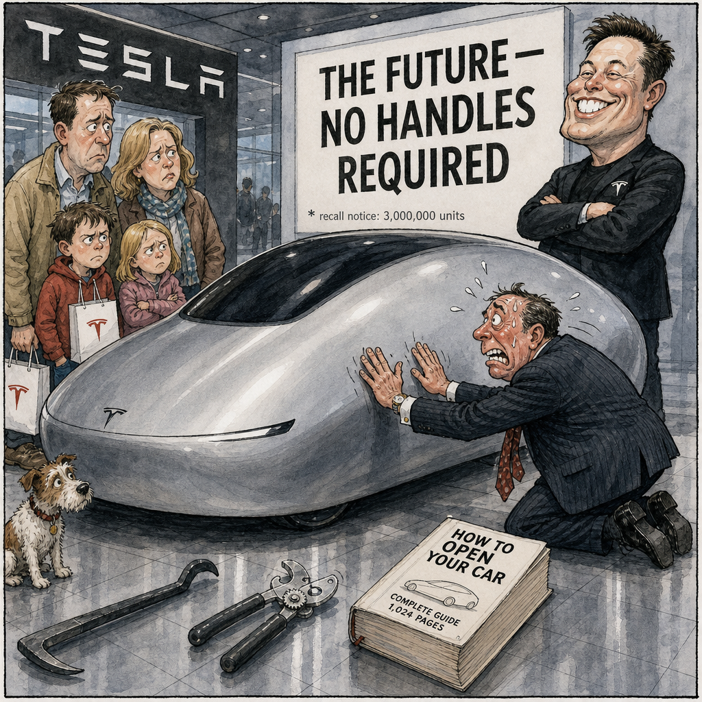 Political cartoon: The car of tomorrow: brilliantly designed to keep everyone out, including the owner.