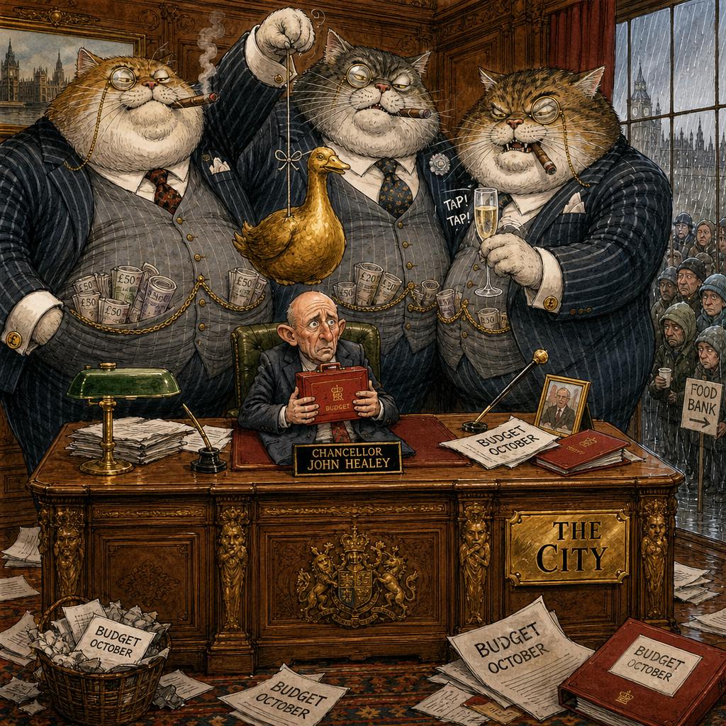 Political cartoon: "Tax us and the golden goose flies away, Chancellor — though we do seem to have rather a lot of them."