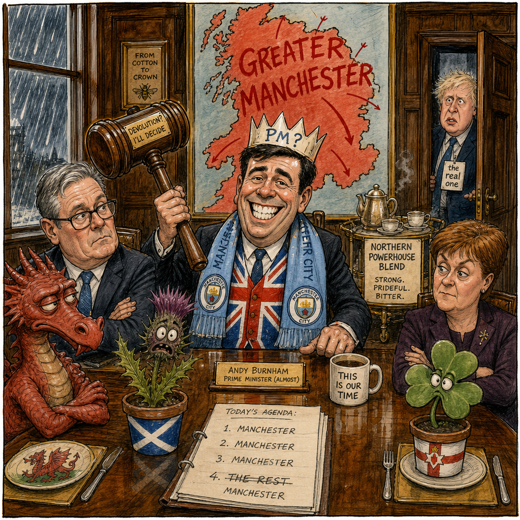 "First official visit as Prime Minister" — a title Andy assures everyone is merely aspirational.