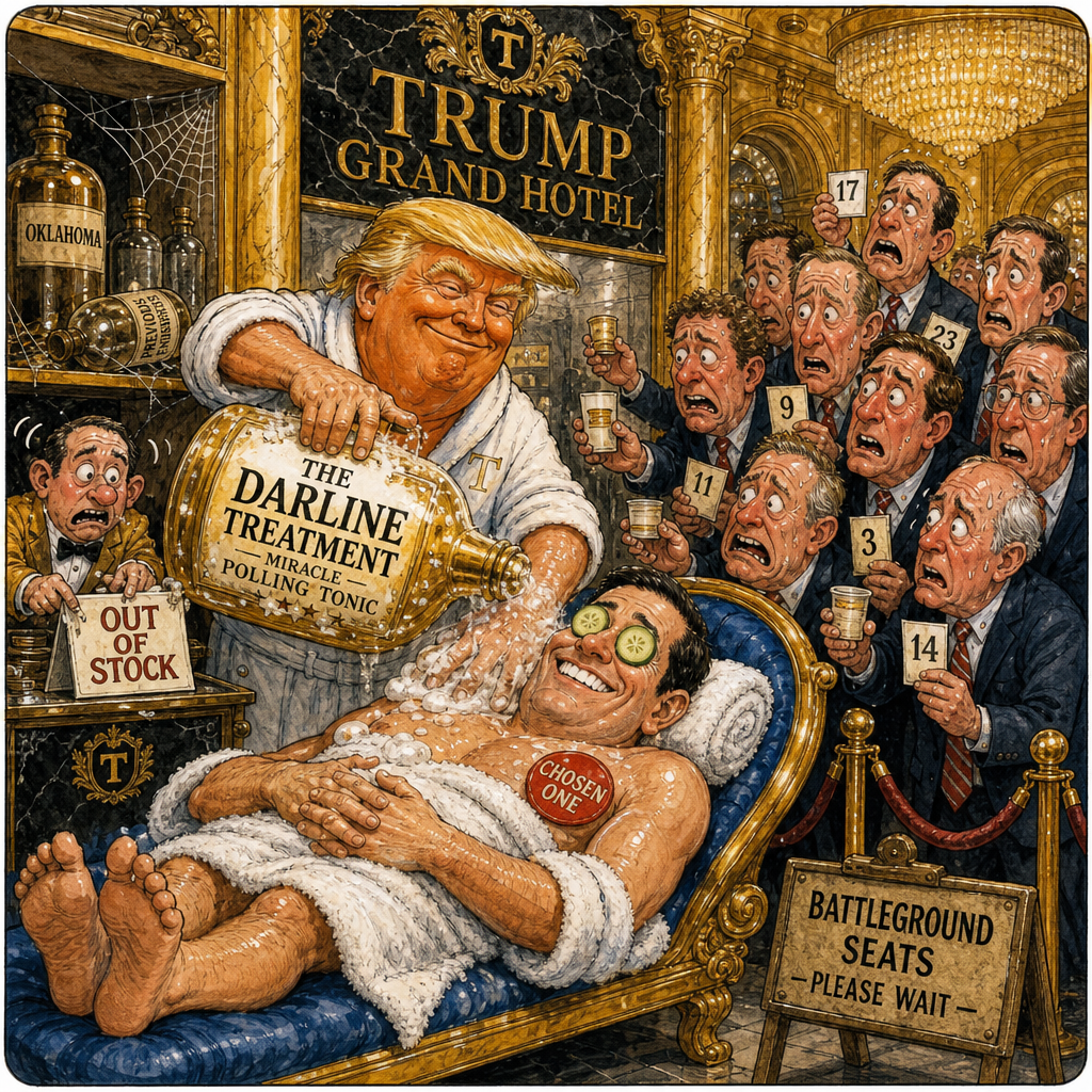 Political cartoon: The management regrets the miracle tonic is reserved for family members and safe seats only.