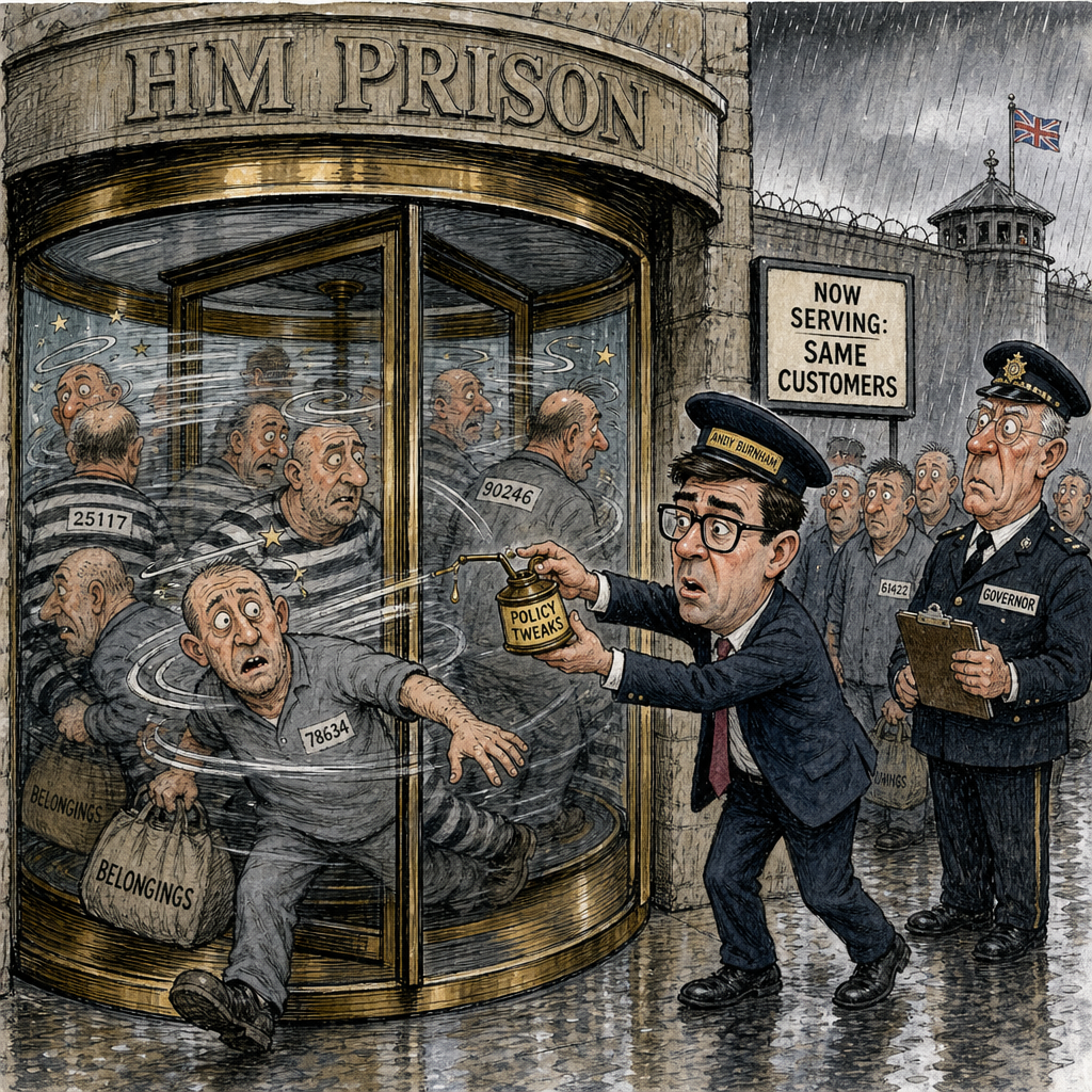 Political cartoon: We call it the early release scheme; the residents prefer 'the loyalty programme'.