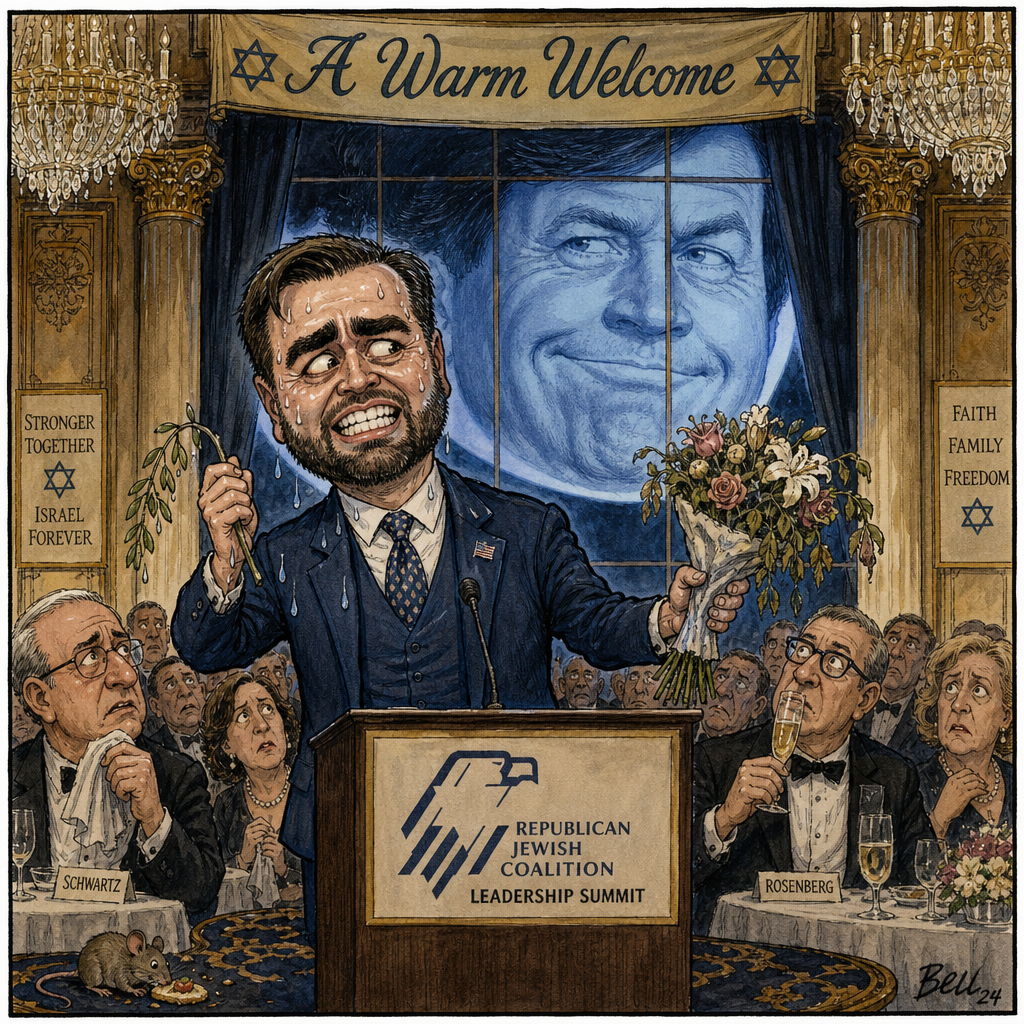 Political cartoon: Do ignore the elephant in the room. Or rather, the enormous head in the window.