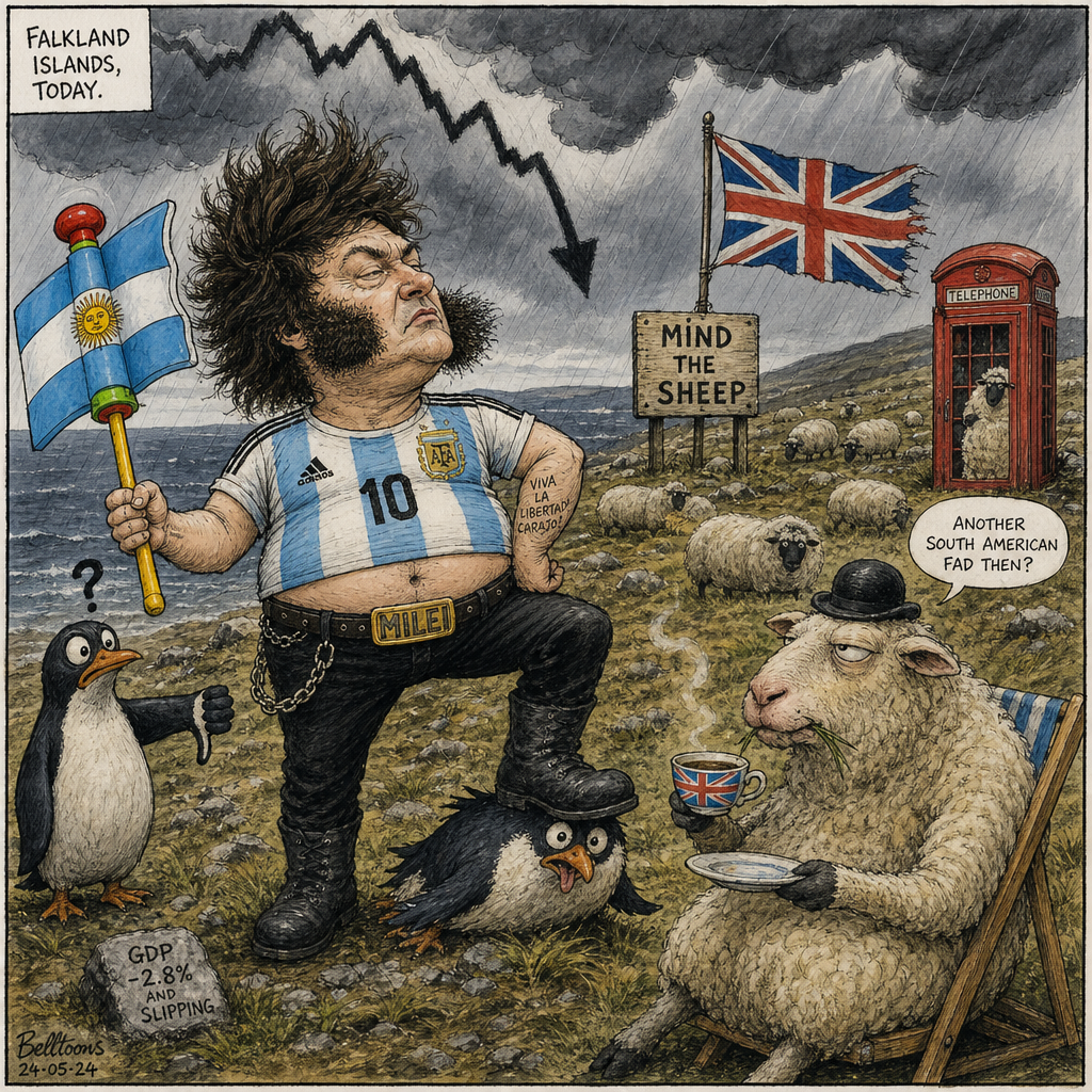 Political cartoon: He came for the islands, but the sheep had already claimed him.