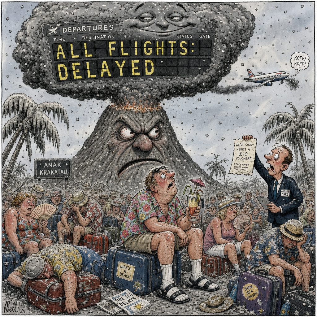 Political cartoon: The volcano regrets any inconvenience caused and thanks you for choosing to remain seated.