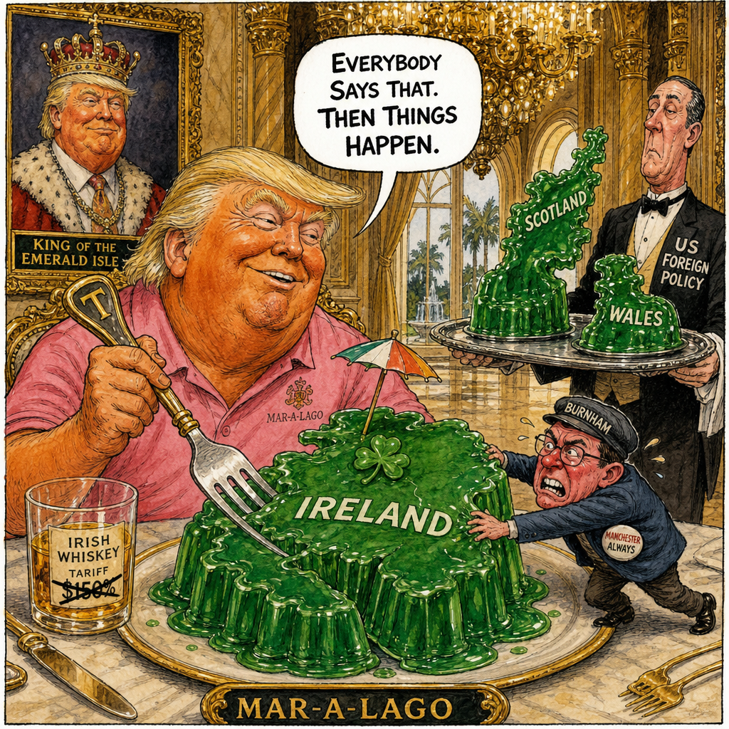 The special relationship: one man serves dessert, the other tries to stop it setting.