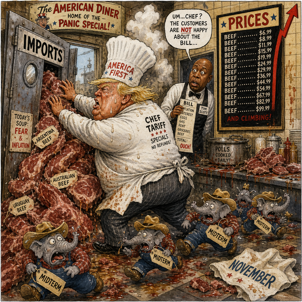 Political cartoon: One does hope Sir would like to send the whole order back to the kitchen.