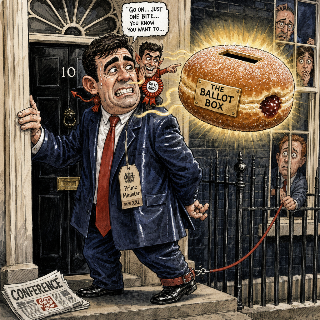 Political cartoon: Honestly, not the least bit tempted.