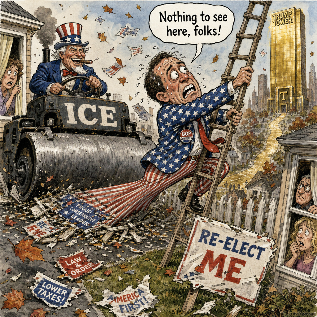Political cartoon: He supported the crackdown right up until it reached his own driveway.