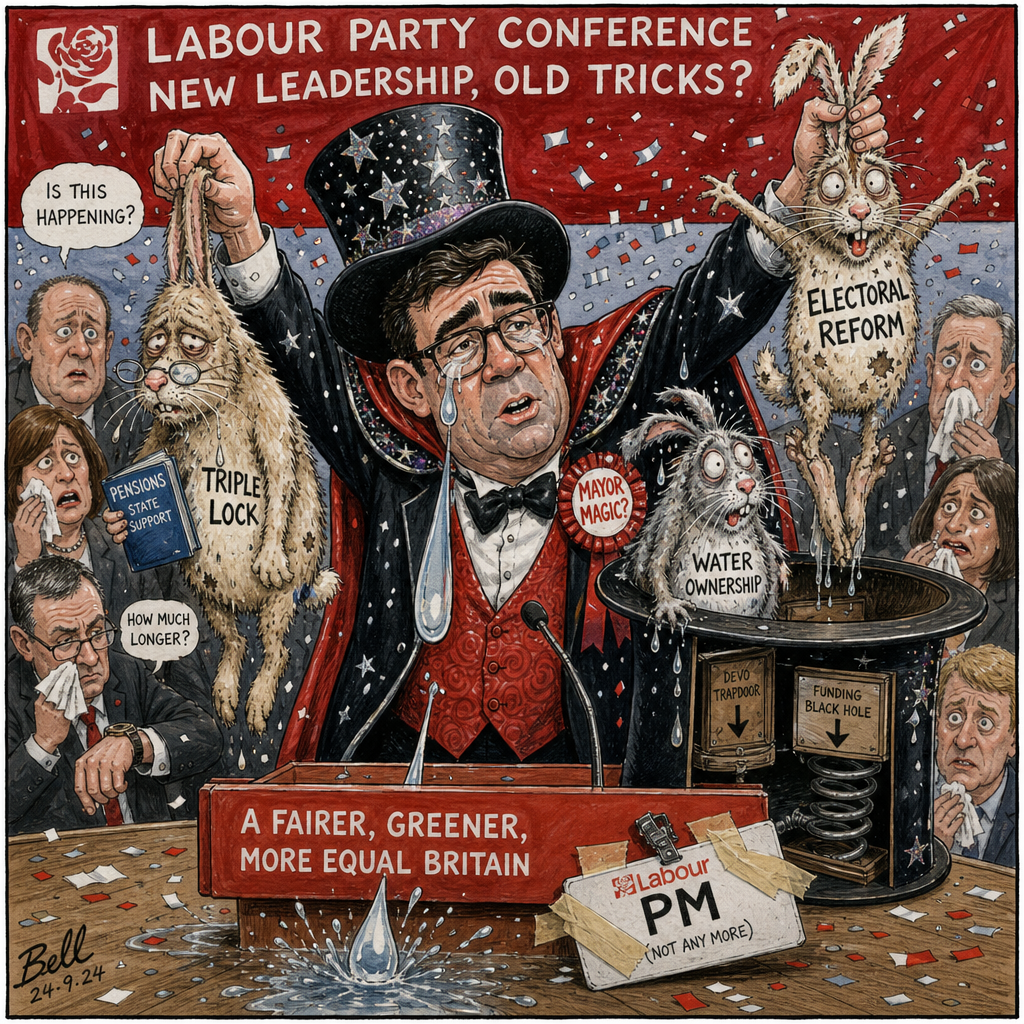 Political cartoon: For his next trick, the man who wasn't even elected will produce a mandate from an empty hat.
