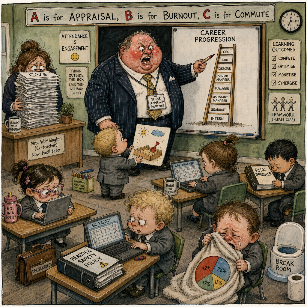 Political cartoon: Right class, before nap time we'll just finish the quarterly targets.