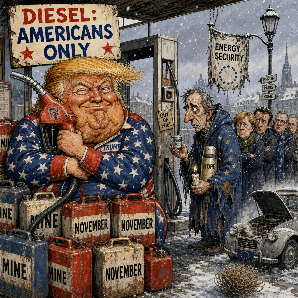 Political cartoon: "Ready your fuel supplies," they said — so Europe found a candle and a very optimistic thimble.