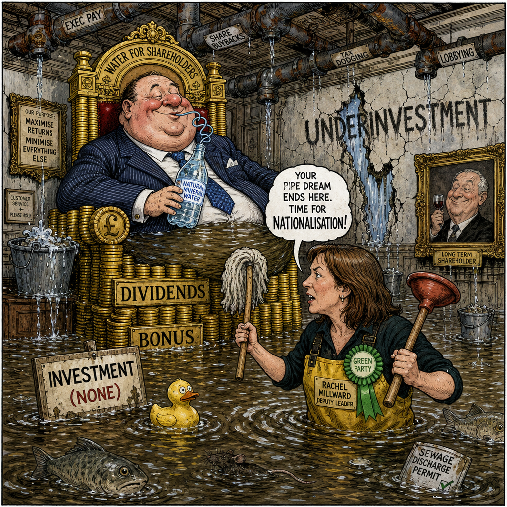 Political cartoon: He insists the system is working perfectly — it's simply the customers who keep getting wet.