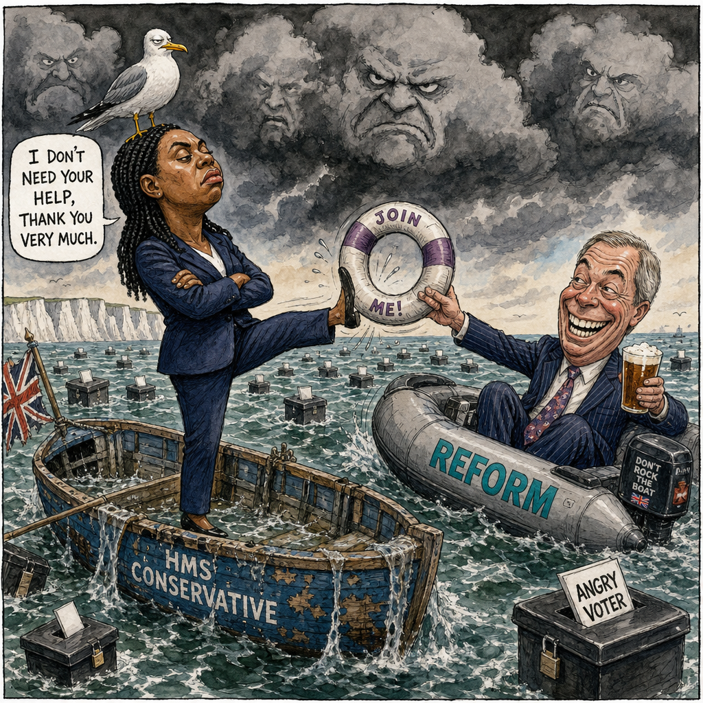 Political cartoon: No thank you — I'd much rather drown with dignity.