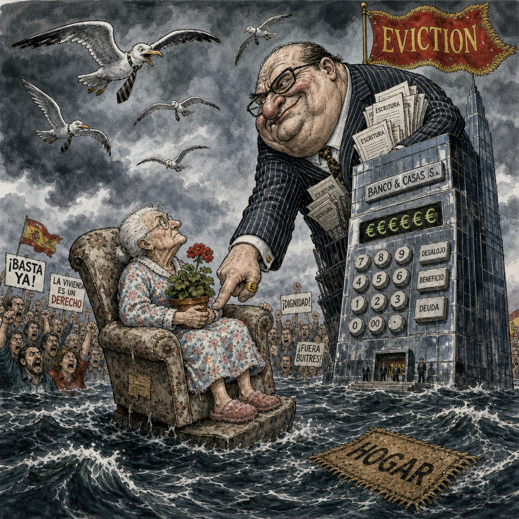 Political cartoon: The free market: letting people stand on their own two feet, one armchair at a time.