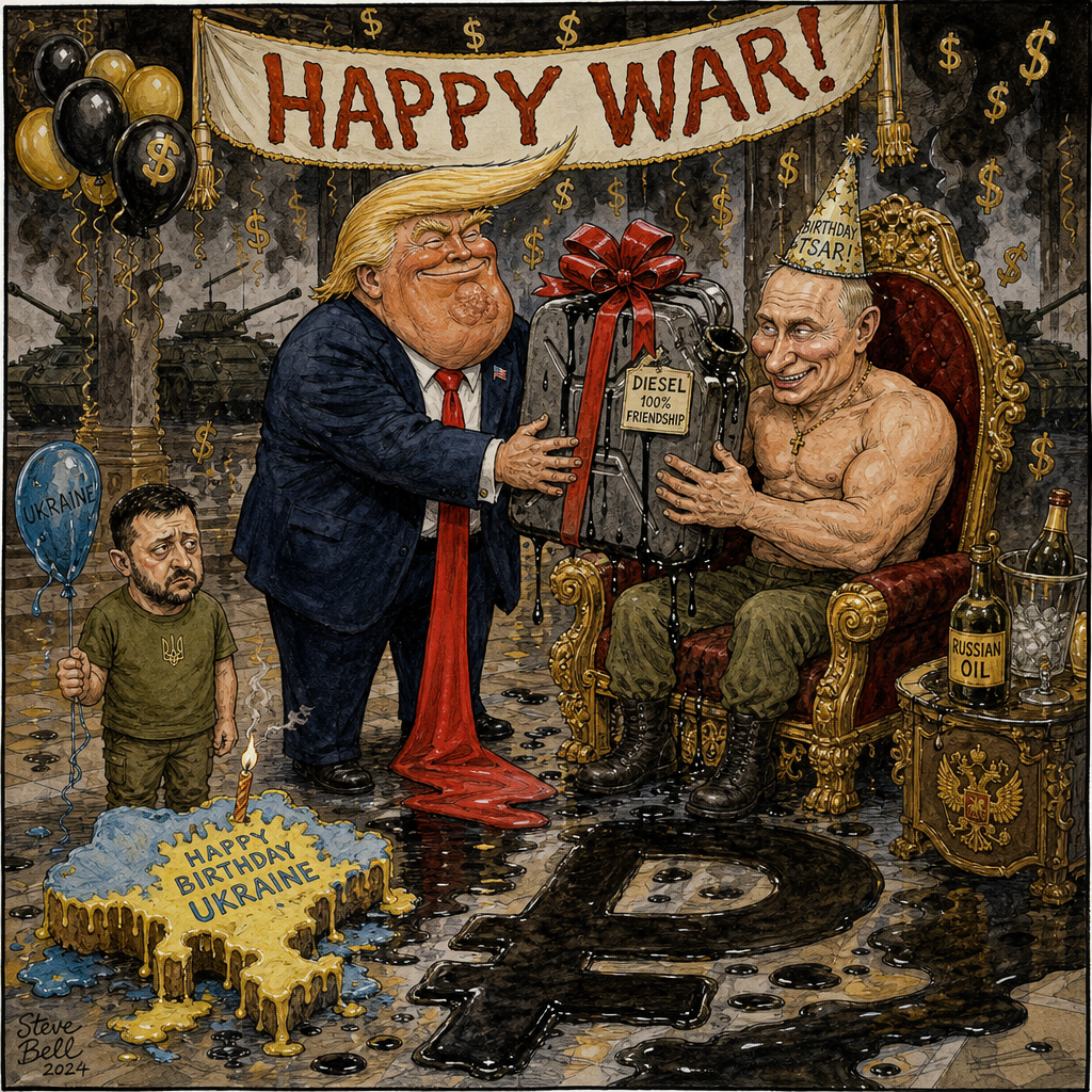 Political cartoon: "I got you something to keep the home fires burning, Vlad."
