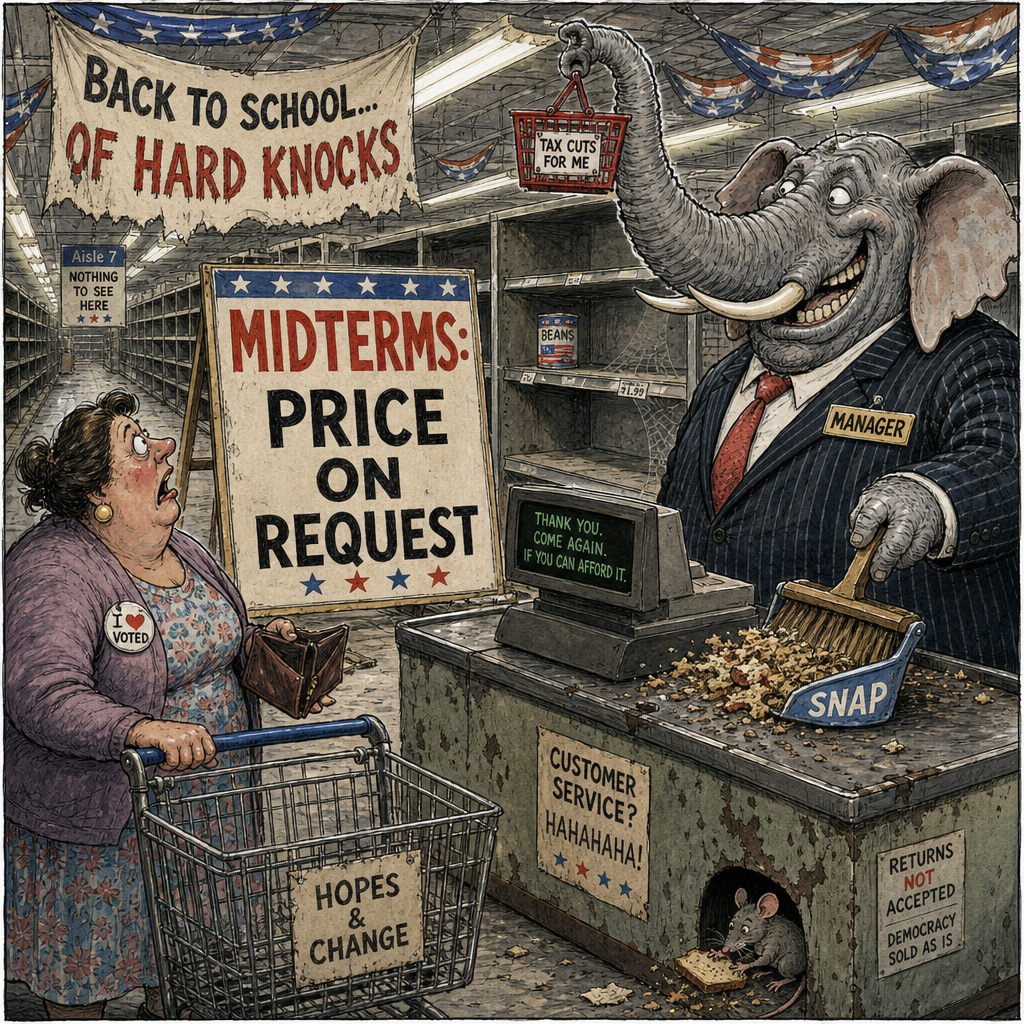 Political cartoon: "Everything must go — especially before November."