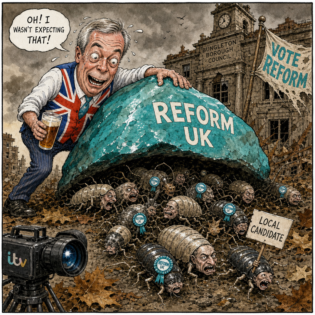 Political cartoon: Funny what turns up when you lift the rock — but he's assured us he had absolutely no idea they were under there.