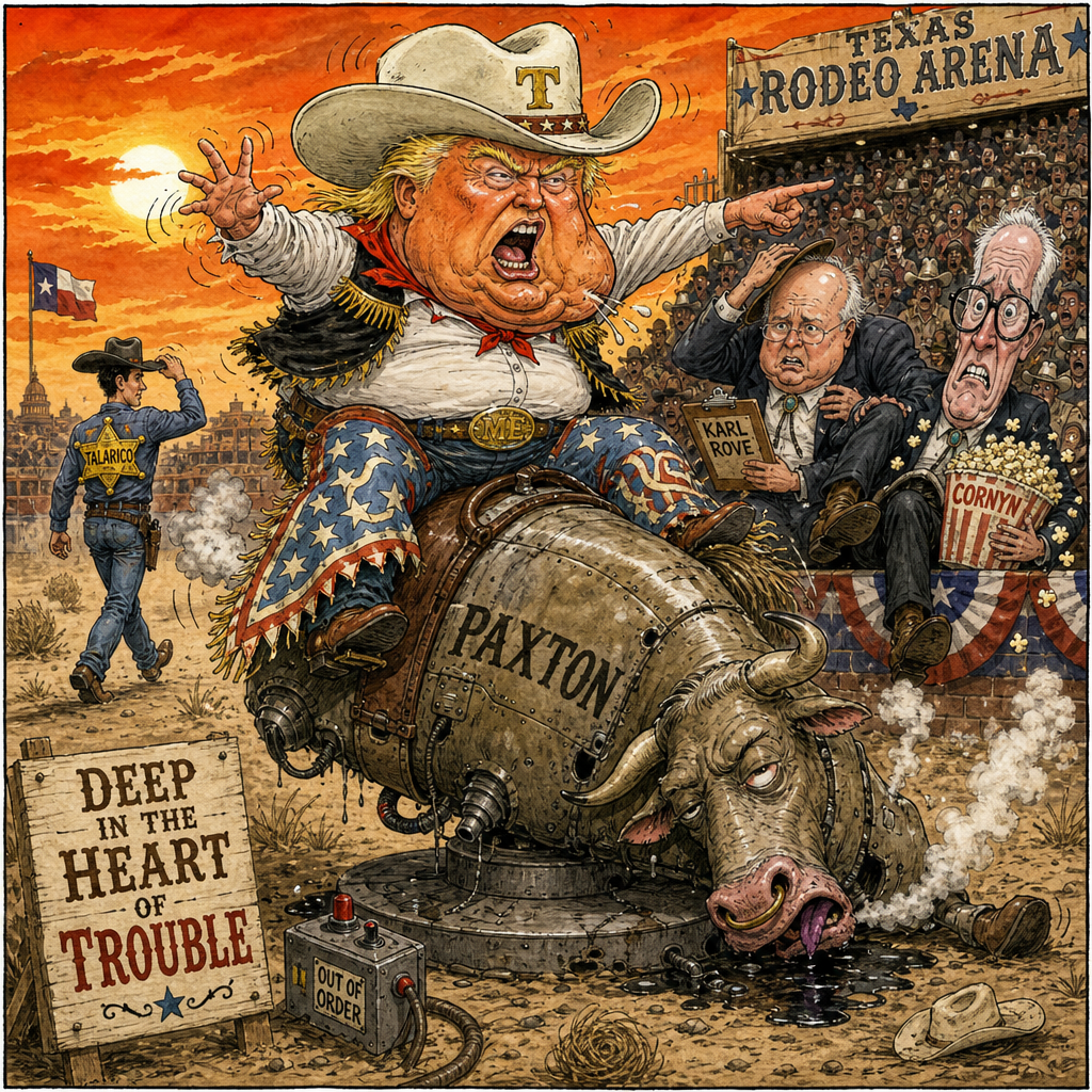 Political cartoon: It's a poor cowboy who blames his own saddle.