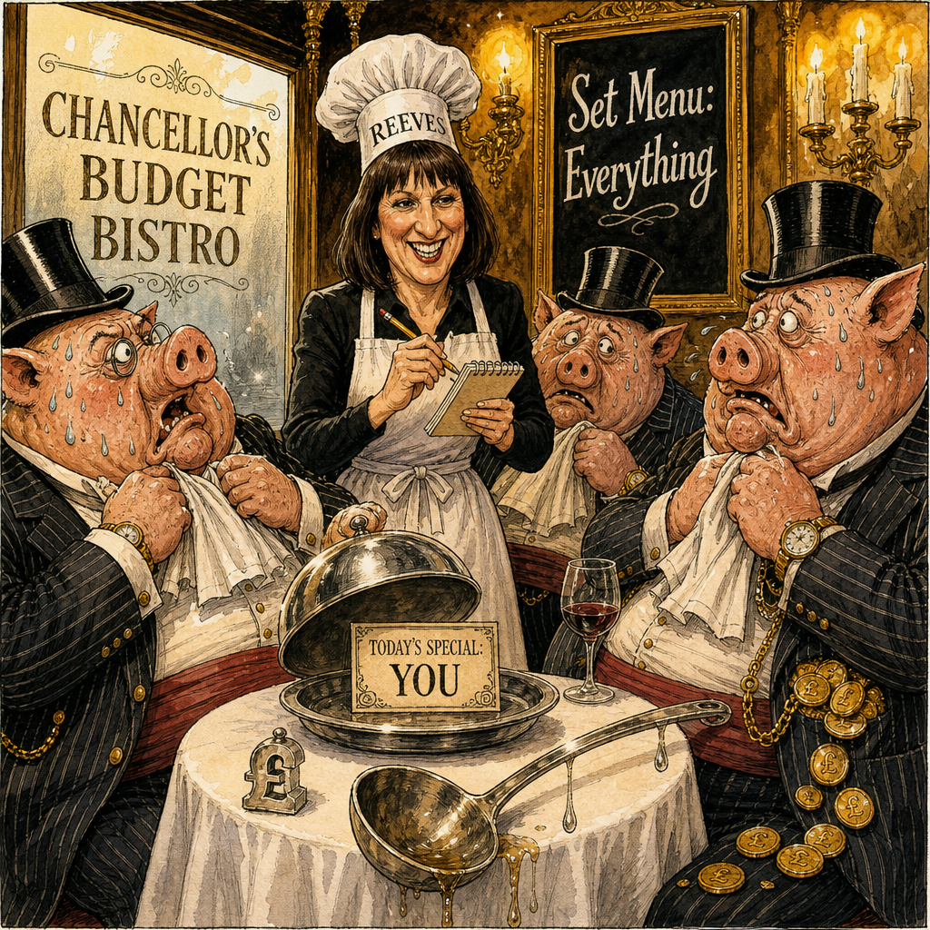 Political cartoon: "I'm afraid the gentlemen are on the menu this evening — and the house always takes a generous service charge."