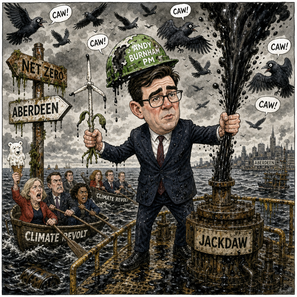 Political cartoon: He insisted the green credentials were still there somewhere, just underneath all the gas.